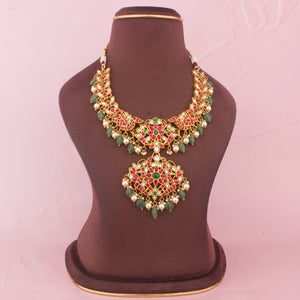 Traditional Jadau Kundan Necklace With Floral Pendant - Handcrafted Indian Bridal Jewelry by Dulhan Jewels