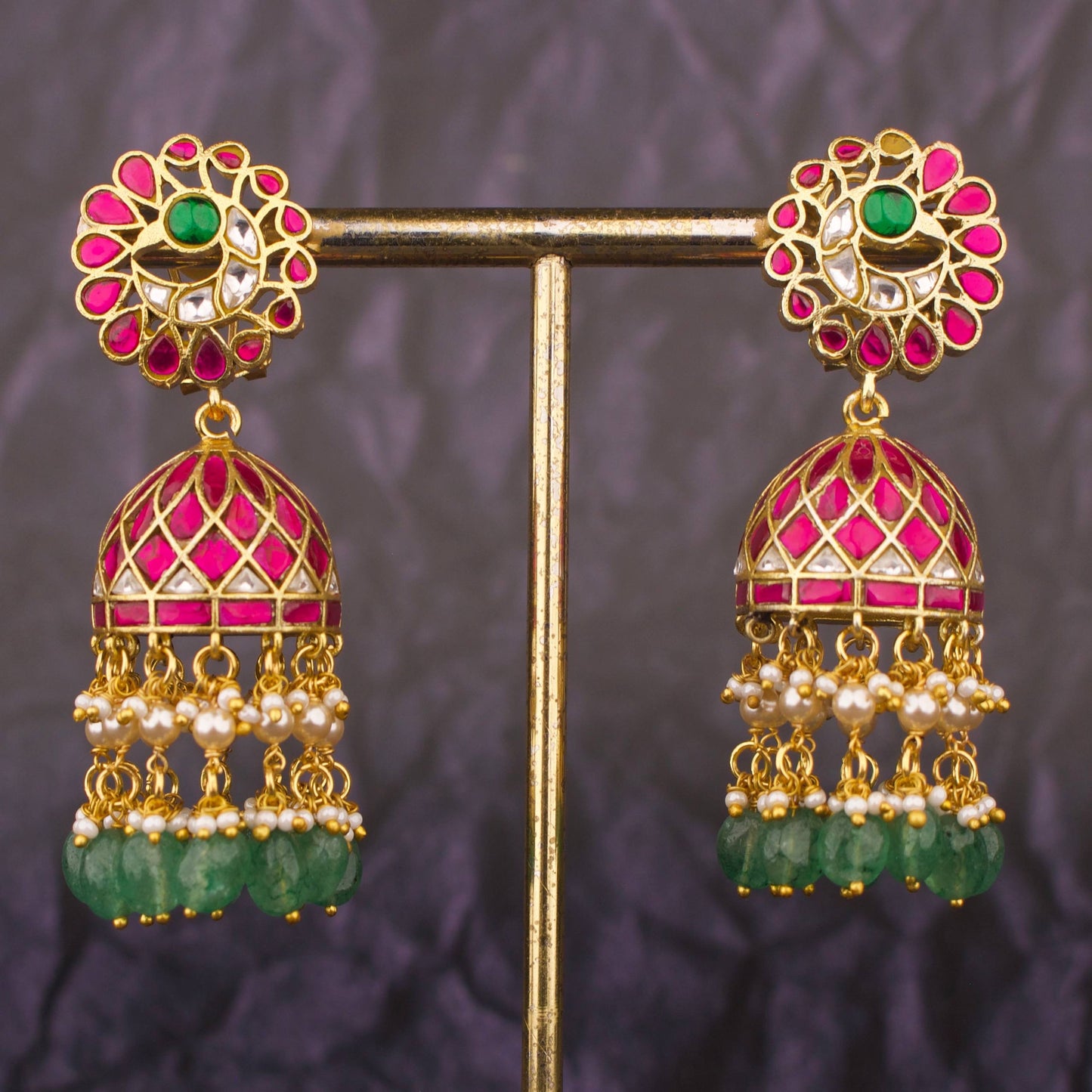 Designer Jadau Kundan Jhumka Earrings With Green Beads