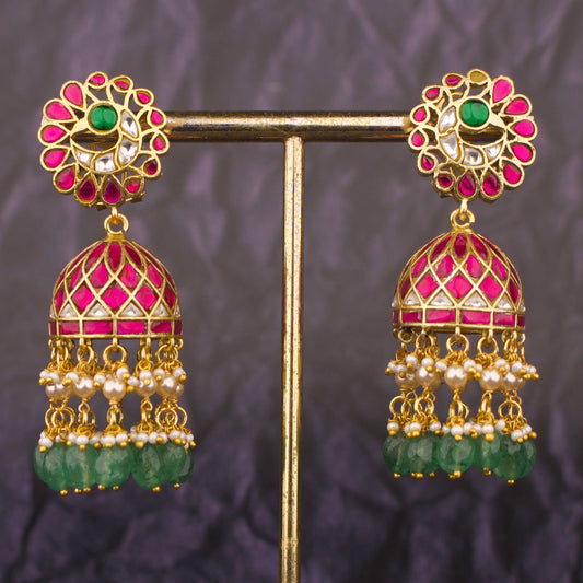 Designer Jadau Kundan Jhumka Earrings With Green Beads