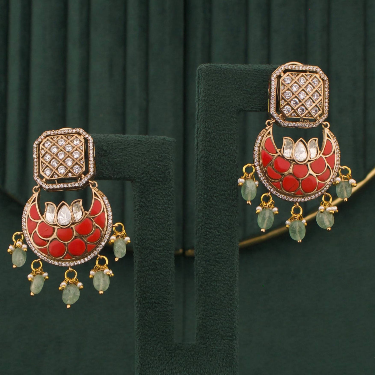 Regal Polki Mehandi Victorian Chand Bali Earrings - Handcrafted Indian Bridal Jewelry by Dulhan Jewels