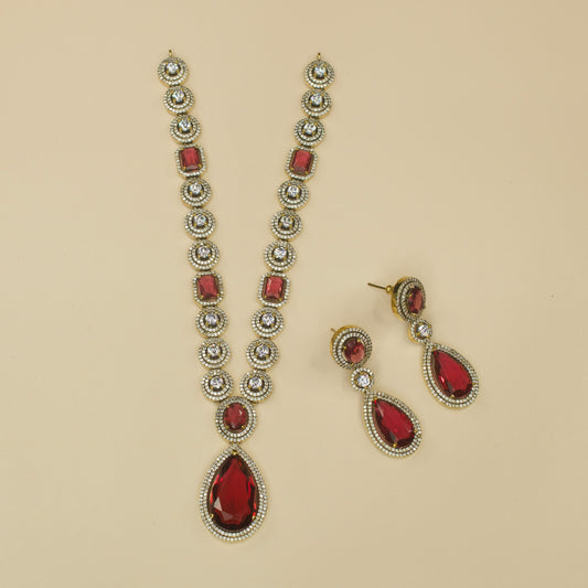 Modern Victorian Necklace Set  with zircon, and polki stones, including matching earrings.
This Victorian Jewellery is available in Red & Green  colour variants. 