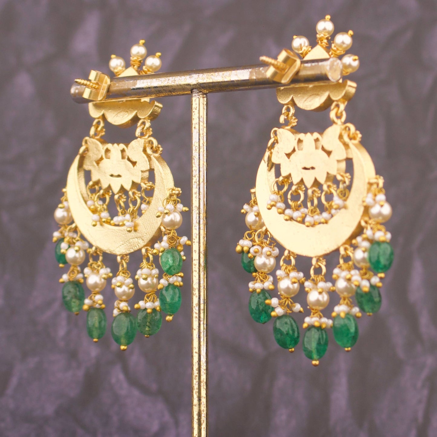 Regal Jadau Kundan Chandbali Earrings With Emerald Hangings