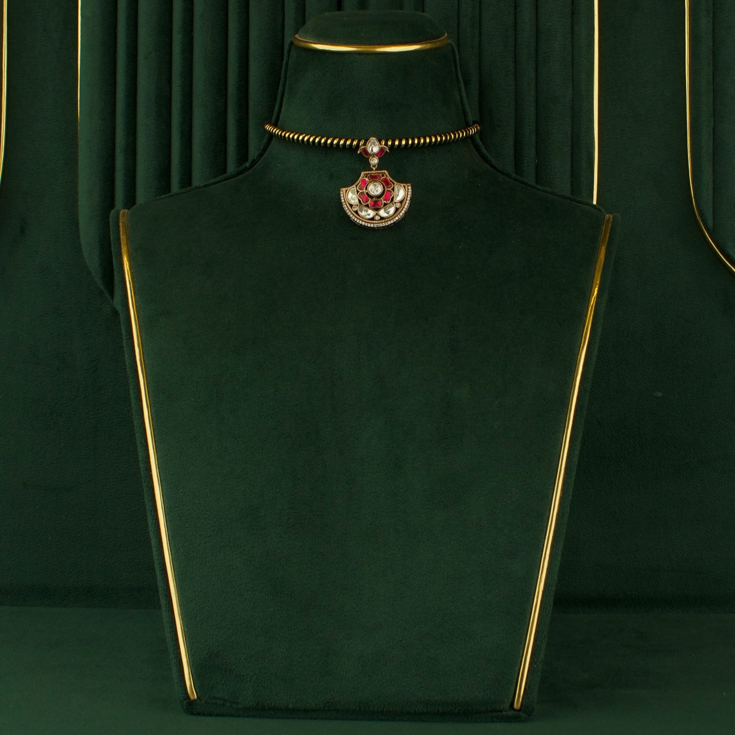 Sleek Chandbali Design Locket Fusion Kundan & Polki Victorian black thread Necklace Set