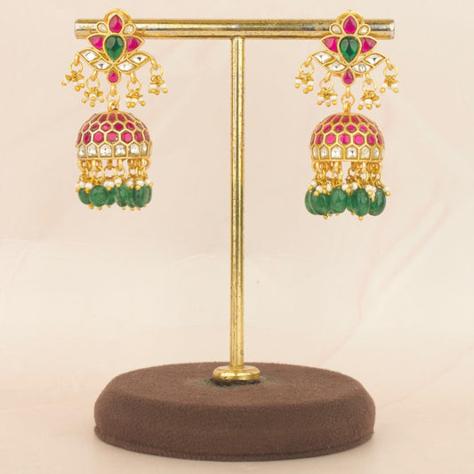 Floral Studded Jadau Kundan Jhumki With Strawberry Beads Hangings