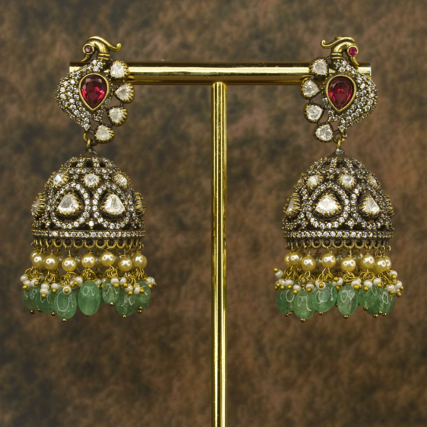 Peacock Studded Victorian Finish Polki Jhumka Earrings