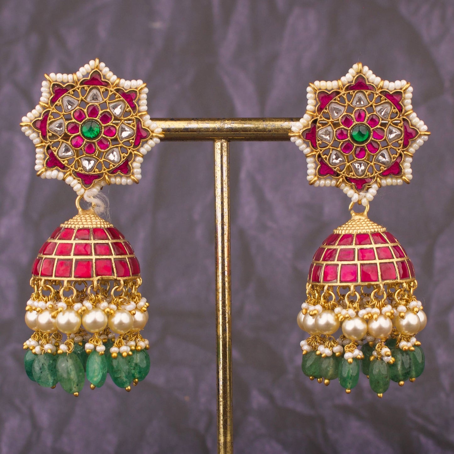 Opulent Jadau Kundan Studded Jhumka Earrings With Pearls And Green Beads