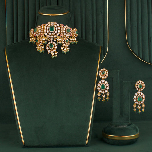 Captivating Moissaite Polki Choker With Earrings - DULHAN JEWELS