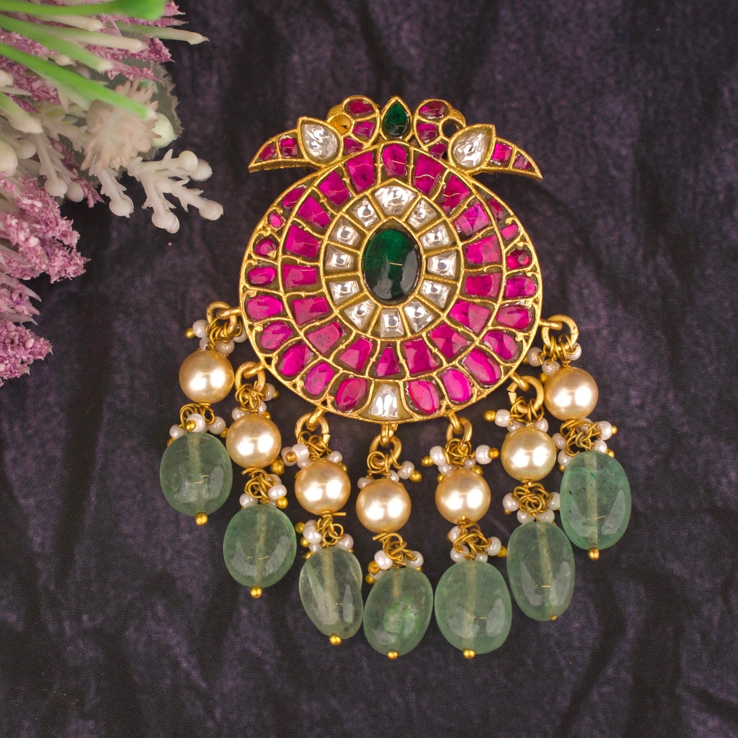 Exquisite Jadau Kundan Pendant With Swarovski Pearls Hanging - DULHAN JEWELS