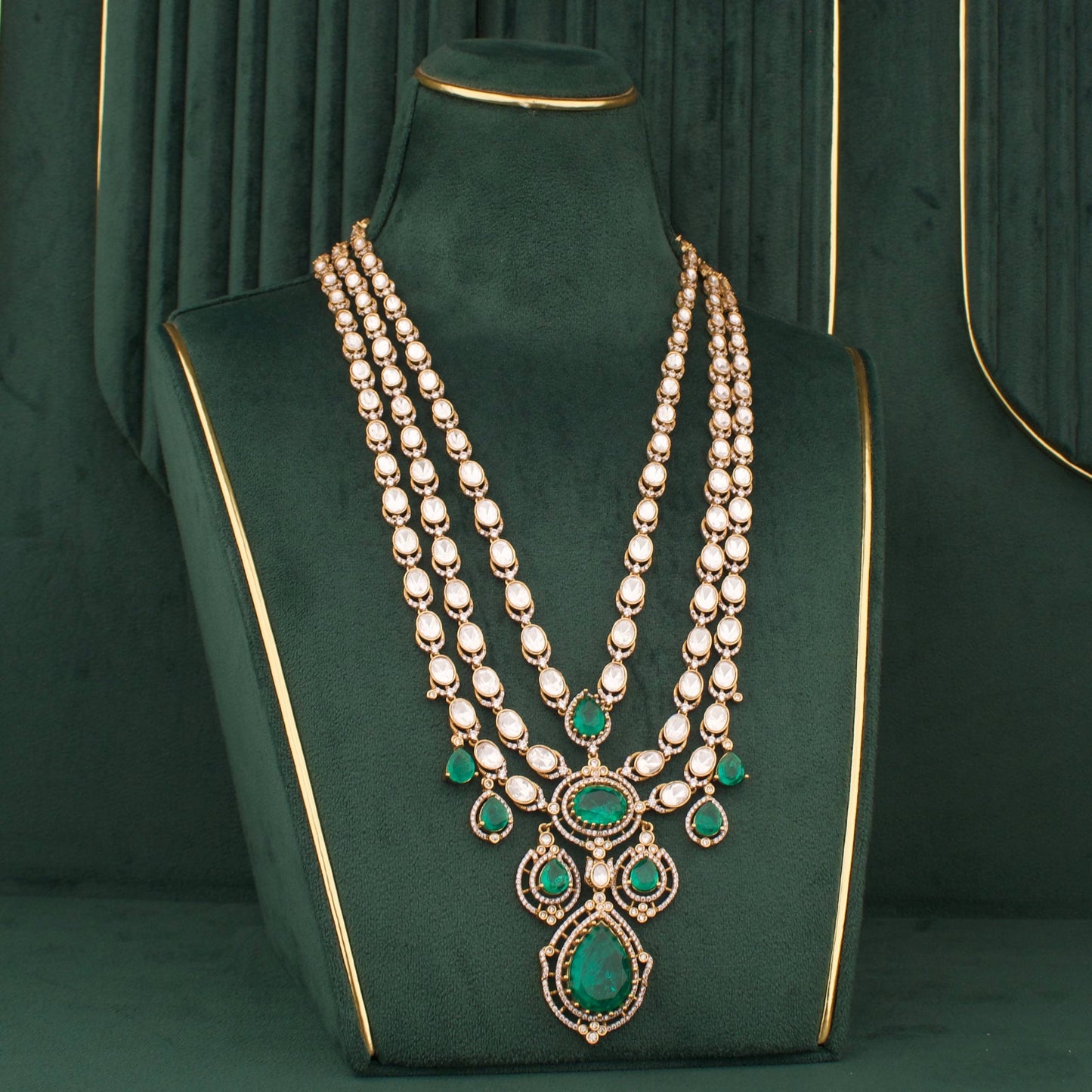 Moissanite Polki Layered Long Necklace With Matching Earrings