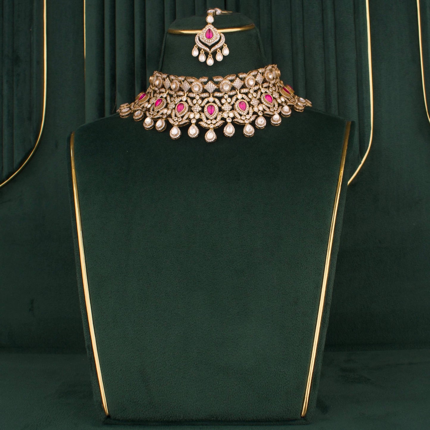 Bridal Victorian Polki Choker Set With Earrings And  Maangtika
