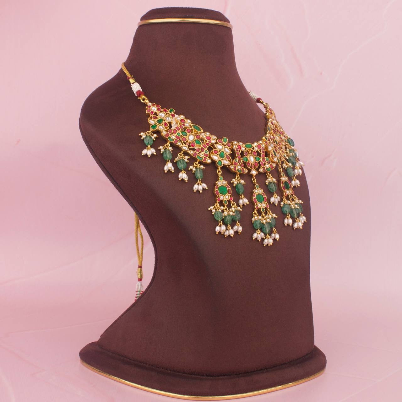 Pure 92.5 Gold Coating Jadau Kundan Necklace With Guttapusalu Hangings