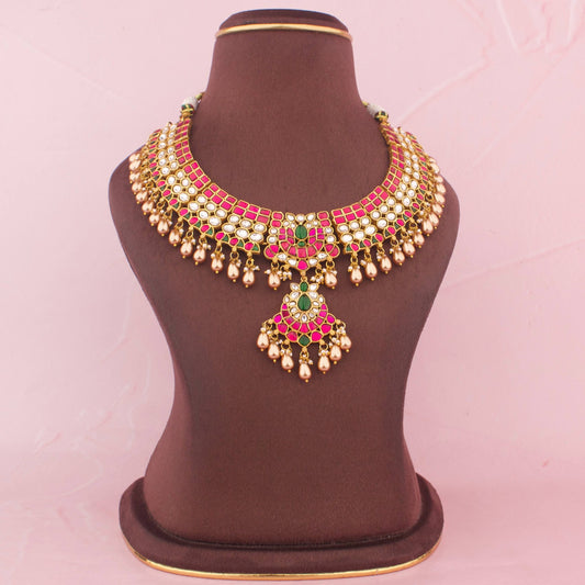 Gold Look Jadau Kundan Necklace With Drops - Handcrafted Indian Bridal Jewelry by Dulhan Jewels