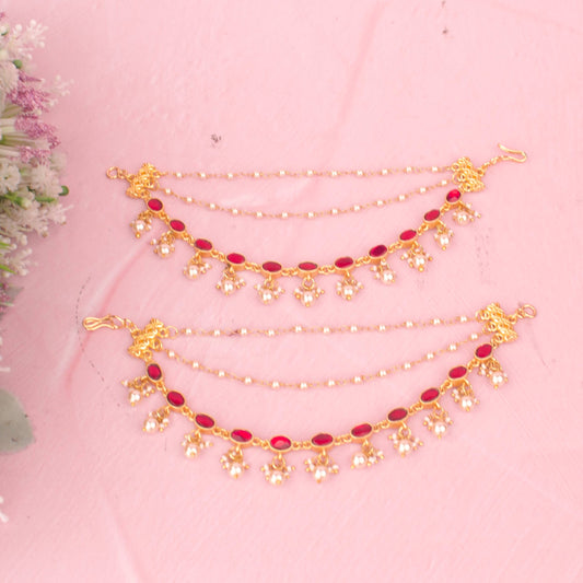 Premium Classic Jadau Kundan Champasaralu With Pearl Hangings adorned with ruby stones