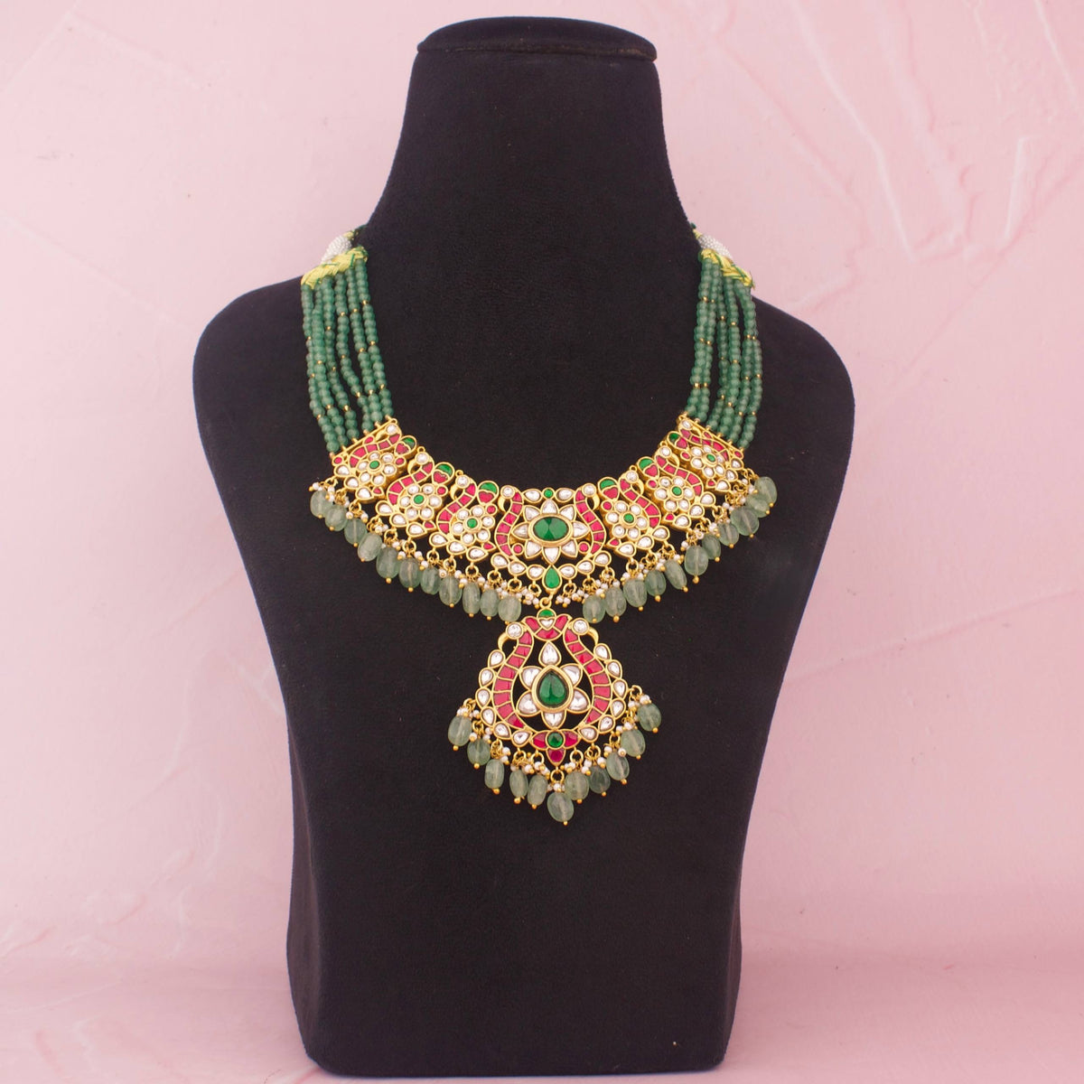 Traditional Jadau Kundan Necklace With Green Beads - Handcrafted Indian Bridal Jewelry by Dulhan Jewels