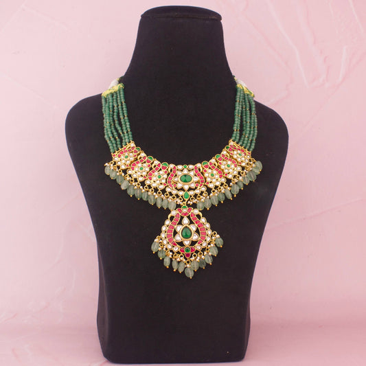Traditional Jadau Kundan Necklace With Green Beads - Handcrafted Indian Bridal Jewelry by Dulhan Jewels
