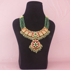 Traditional Jadau Kundan Necklace With Green Beads - Handcrafted Indian Bridal Jewelry by Dulhan Jewels