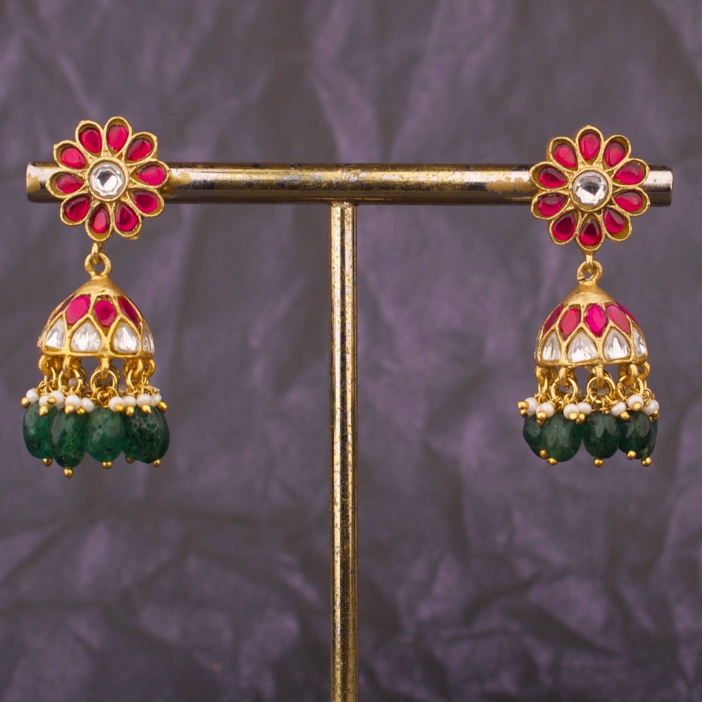 Ethnic Floral Jadau Kundan Jhumki Earrings With Green Hangings