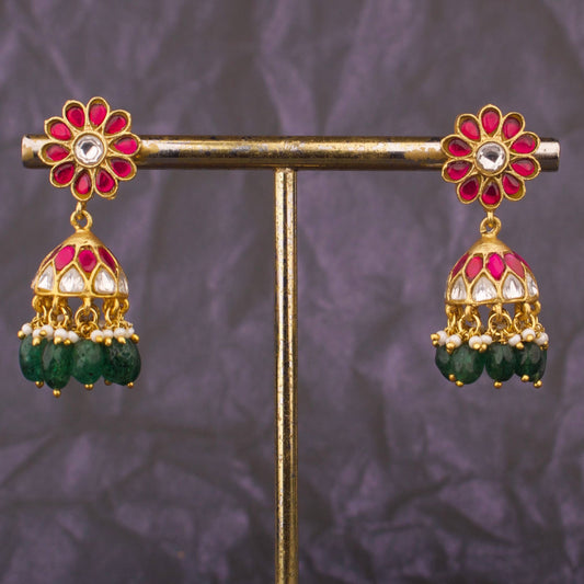 Ethnic Floral Jadau Kundan Jhumki Earrings With Green Hangings