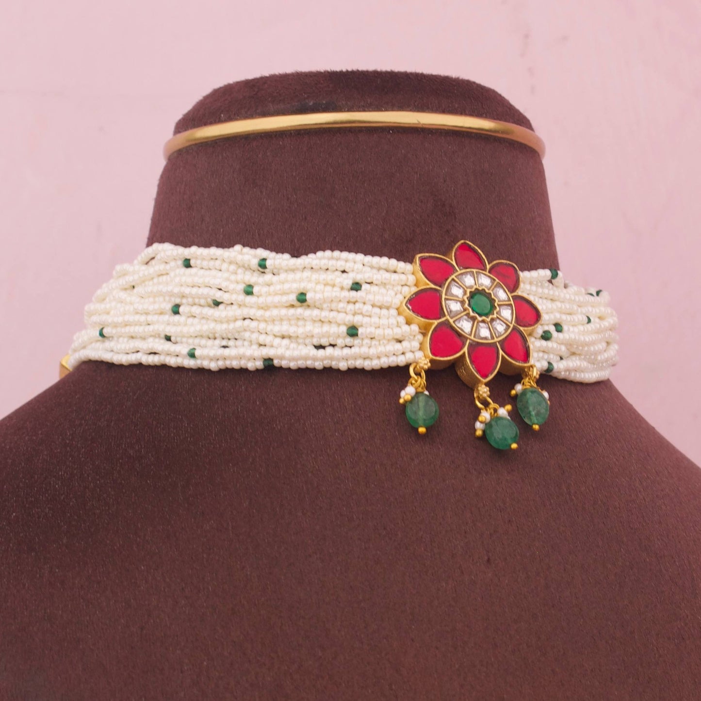 Floral Design Jadau Kundan Pearl Choker With Green Beads