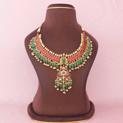 Imperial Jadau Kundan Necklace With Pendant And Green Hangings