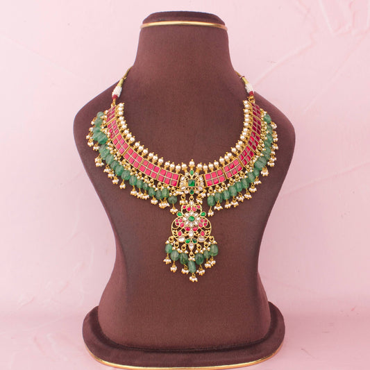 Imperial Jadau Kundan Necklace With Pendant And Green Hangings