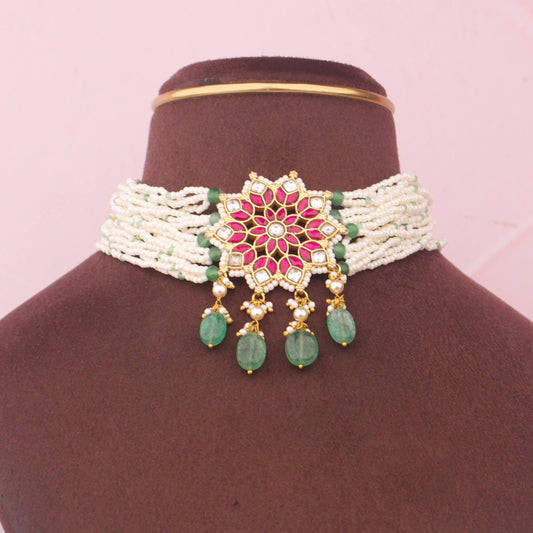 Traditional Jadau Kudan Choker With Emerald Beads