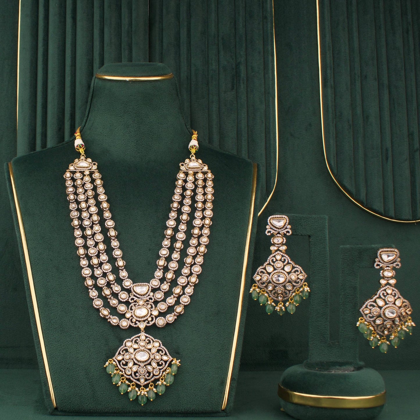 Royal Multi-Layer Victorian Necklace Set With Emerald Beads