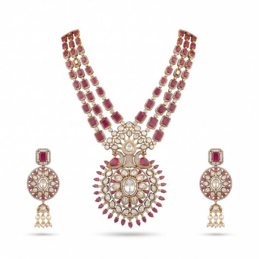 Premium Alluring Design 3/Layered Necklace with Matching Earrings adorned with ruby stones