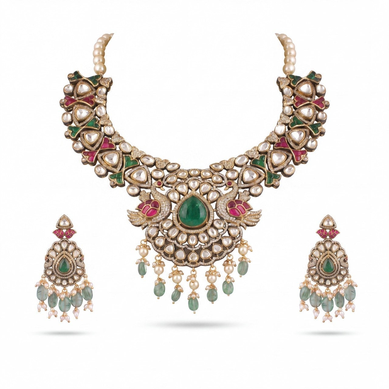 Bridal Fusion Kundan & Polki Victorian Necklace Set with Earrings
