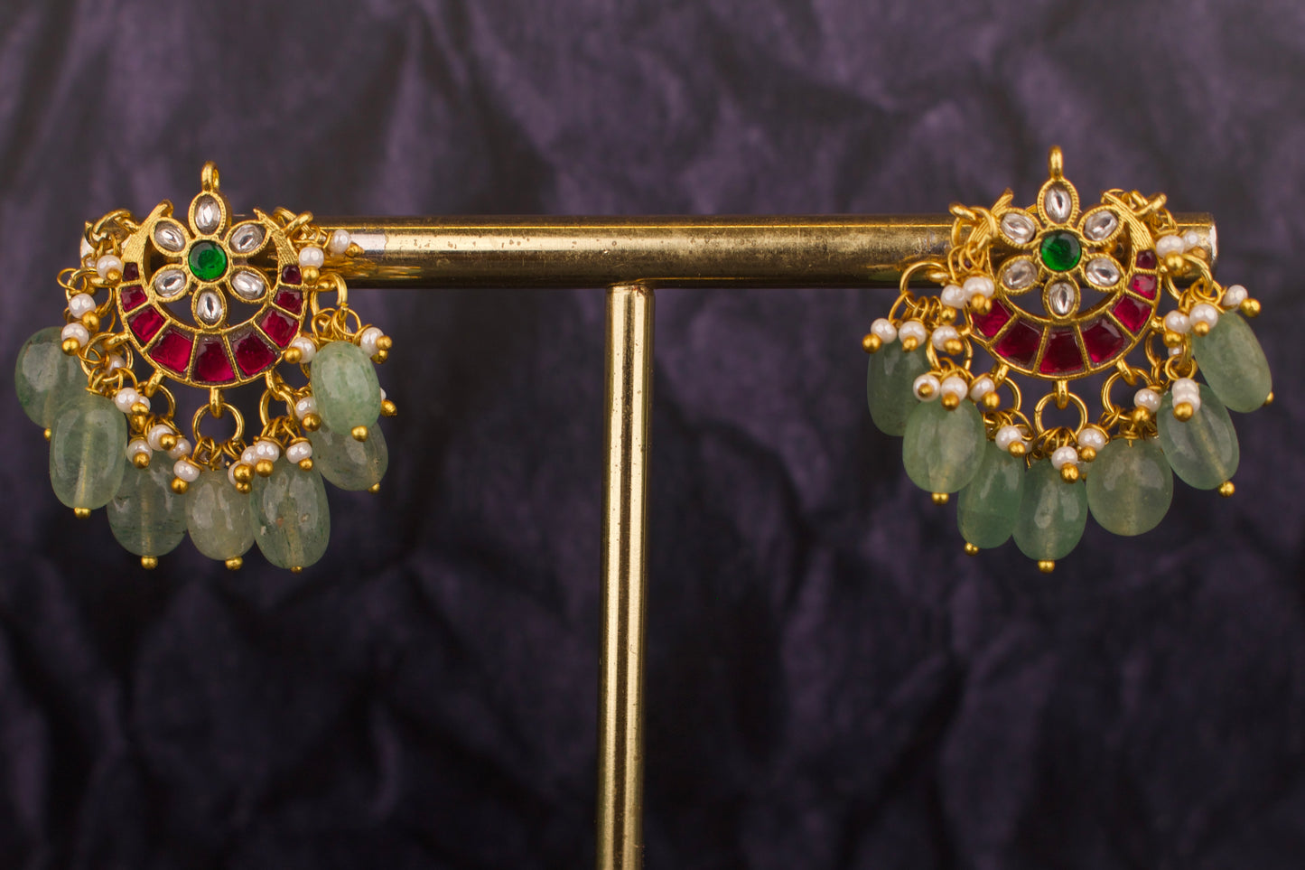 Unique Chand Design Jadau Kundan Studs With Green Beads Hanging - DULHAN JEWELS