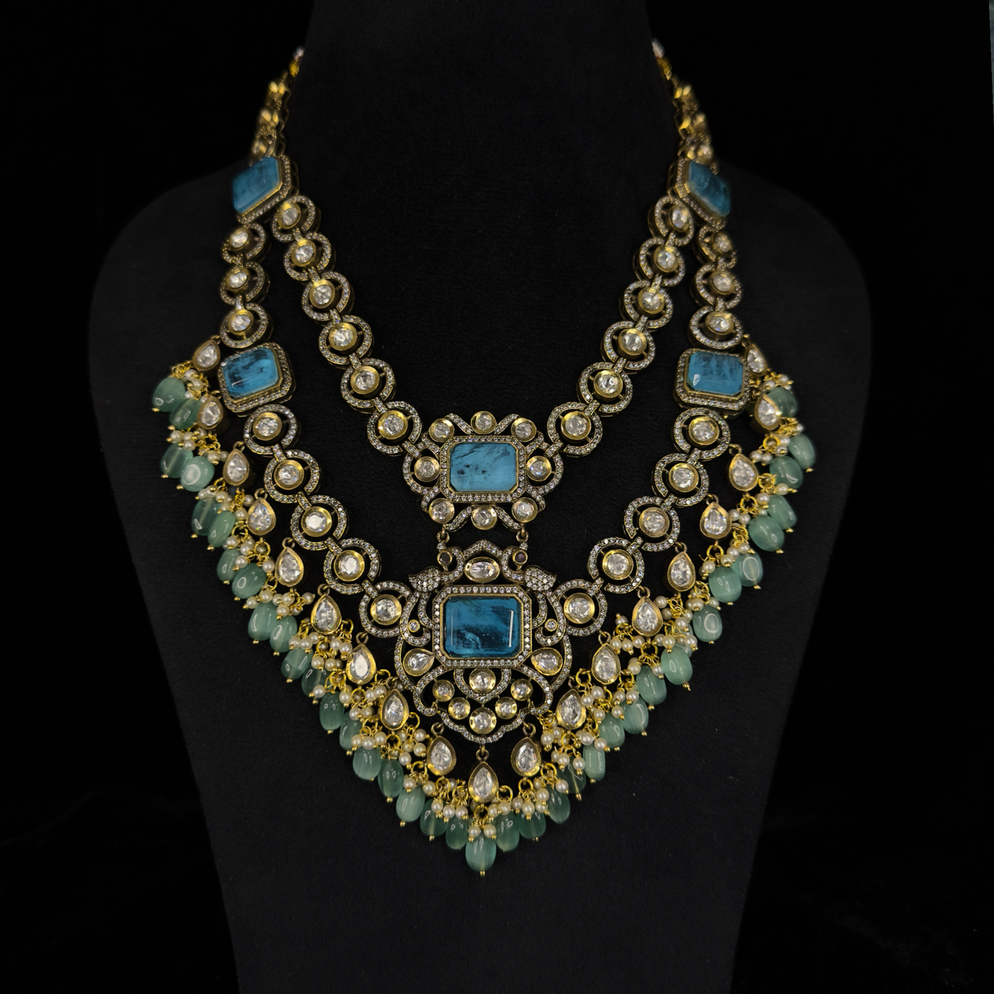 Two-Step Victorian Necklace Set with Aqua Blue Square-Cut Stones