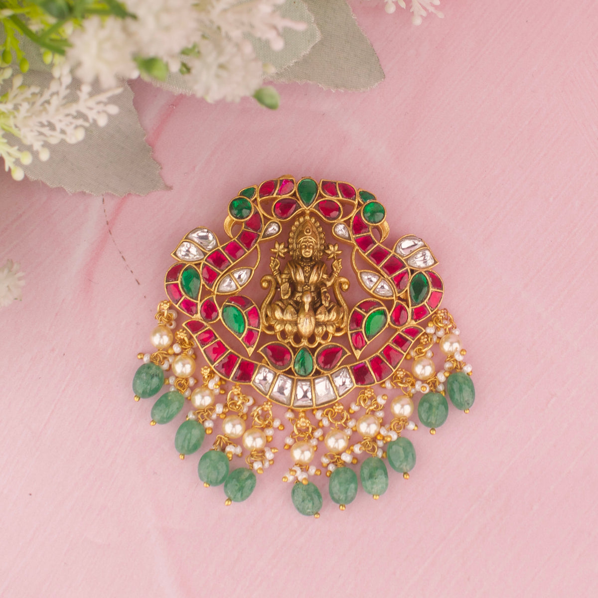 Delicate Jadau Kundan Laxmi Devi Locket With Green Drops