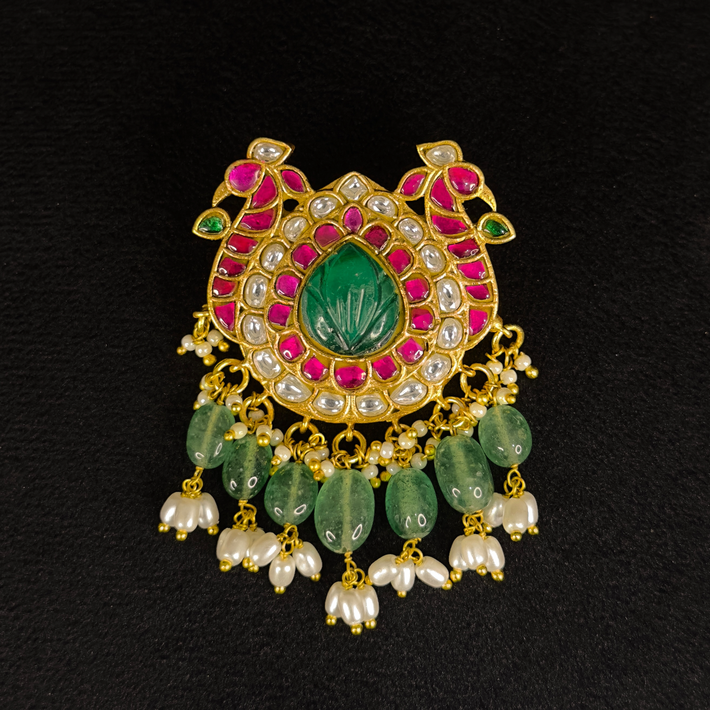 Peacock & Mango Jadau Kundan Pendant with Green Beads