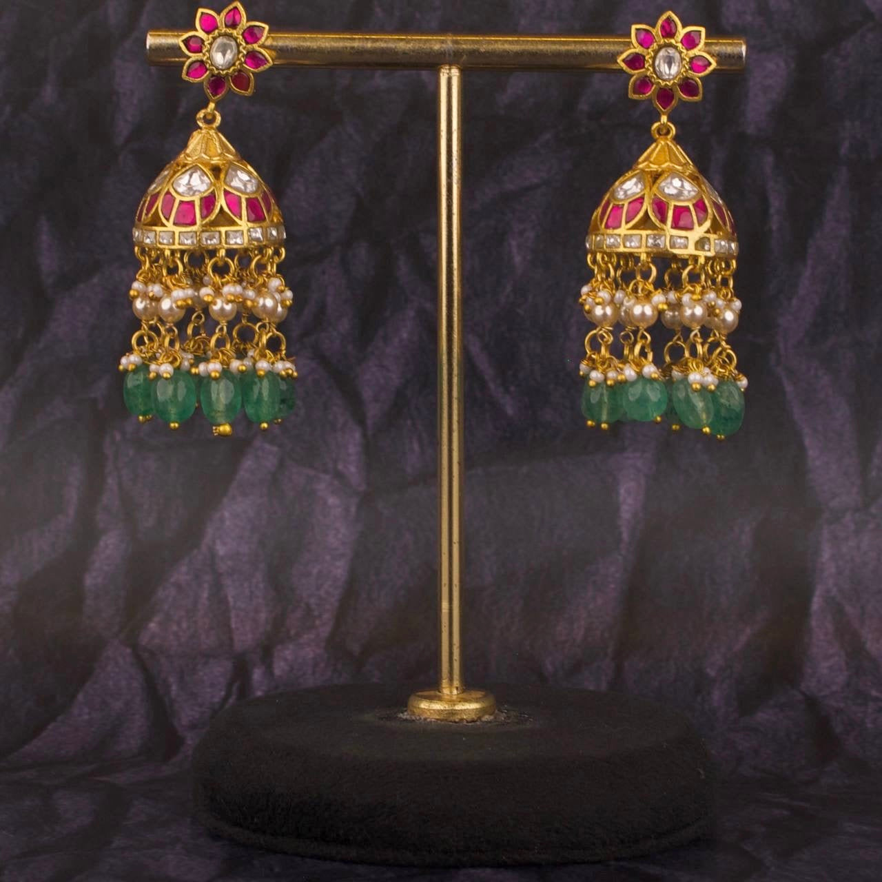 Floral Studded Jadau Kundan Guttapusalu Hanging Jhumki Earrings