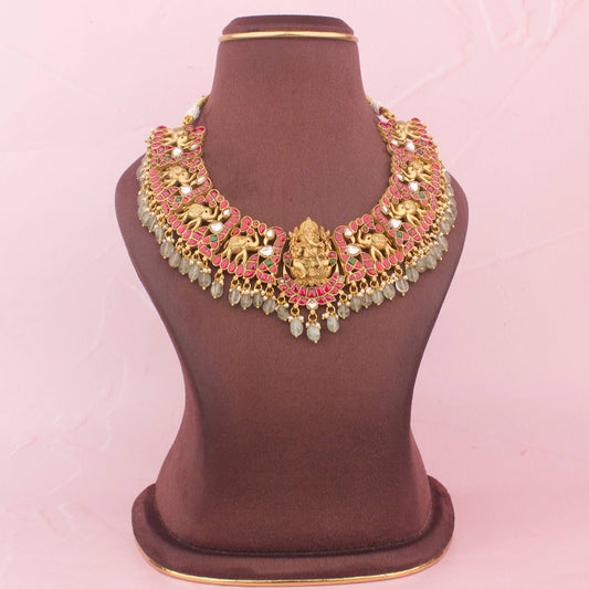 Elite Gold Ganesha Elephant Design Jadau Kundan Short Necklace with Green Beads Hanging