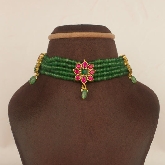 Floral Peacock Design Jadau Kundan Beads Choker