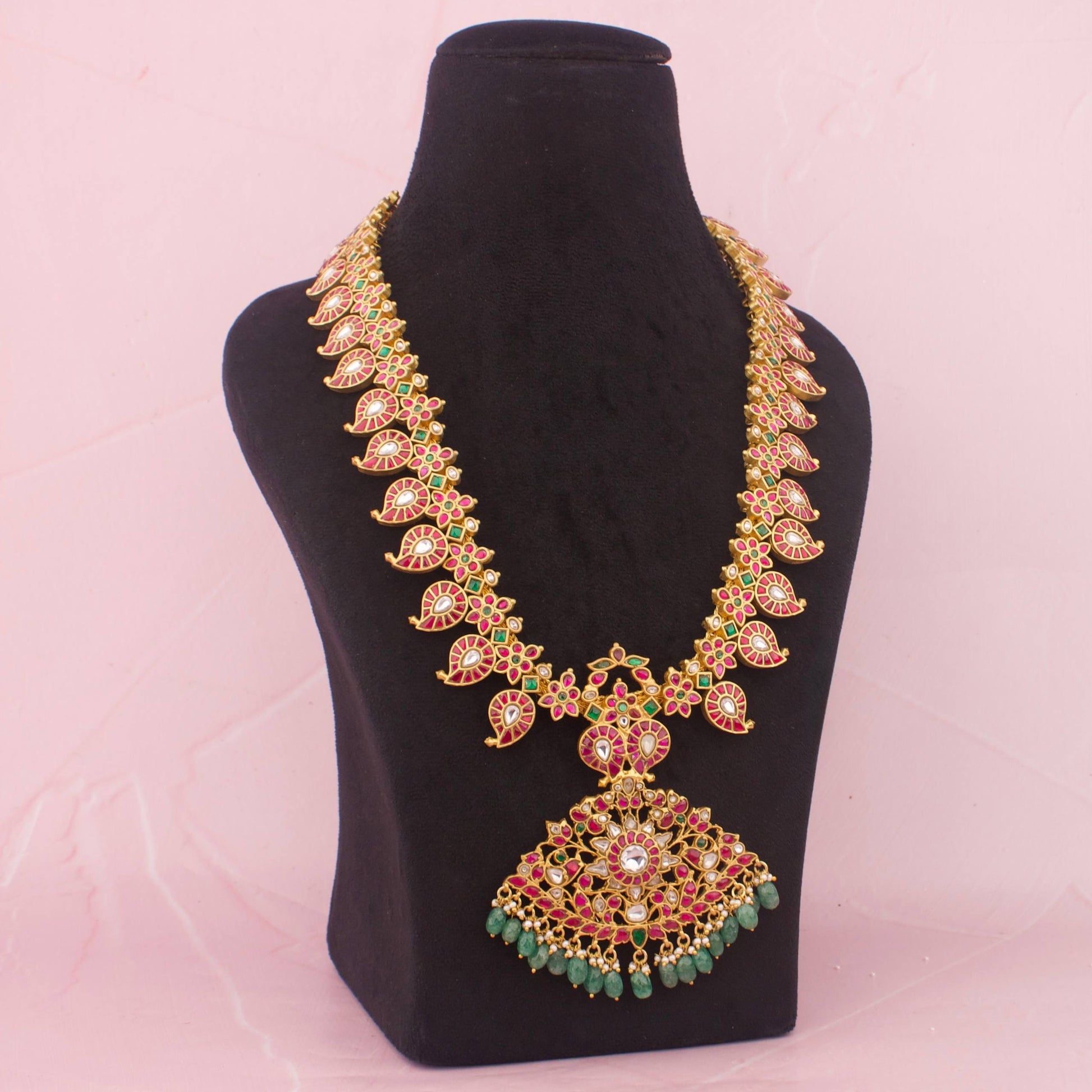 Close-Up Detail View of Luxurious 22K Gold Plated Jadau Kundan Mango Necklace | Dulhan Jewels