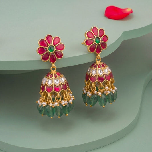Small Size Floral Studded Jadau Kundan Jhumki Earrings