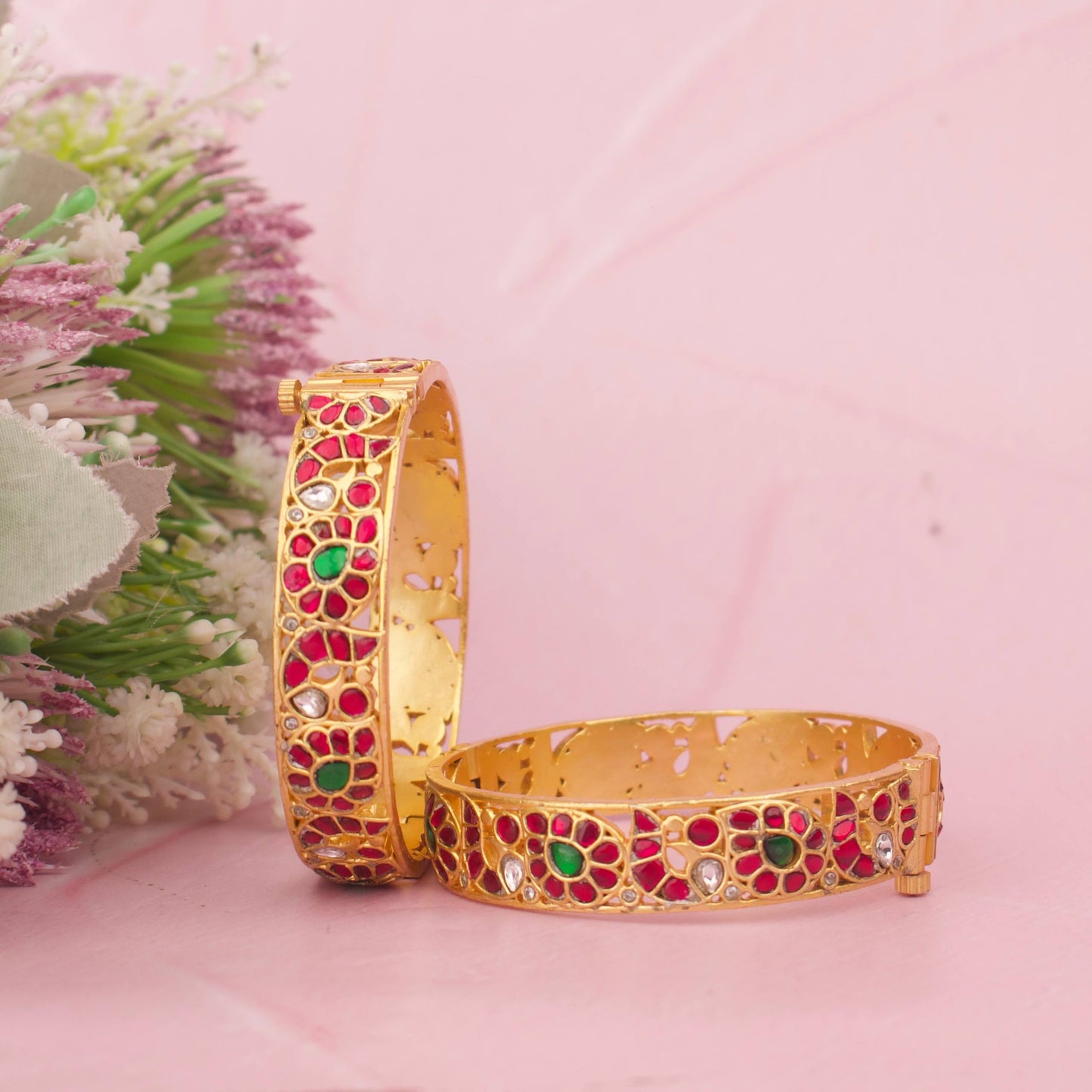 Designer Jadau Kundan Bangles With Floral Motif And Multi-Stone Work