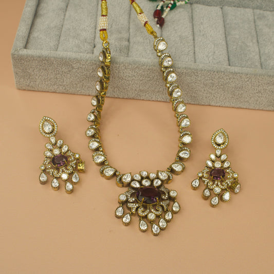 Simple Polki Necklace Set with Victorian Finish