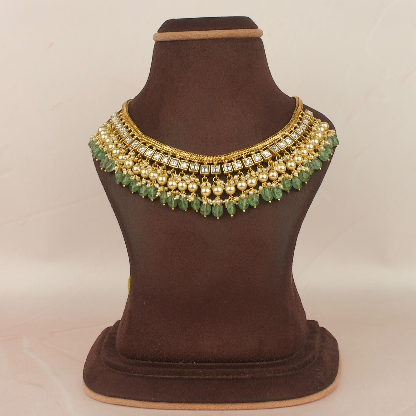 Elegant Jadau Kundan Sleek Necklace With Pearl & Bead Drop