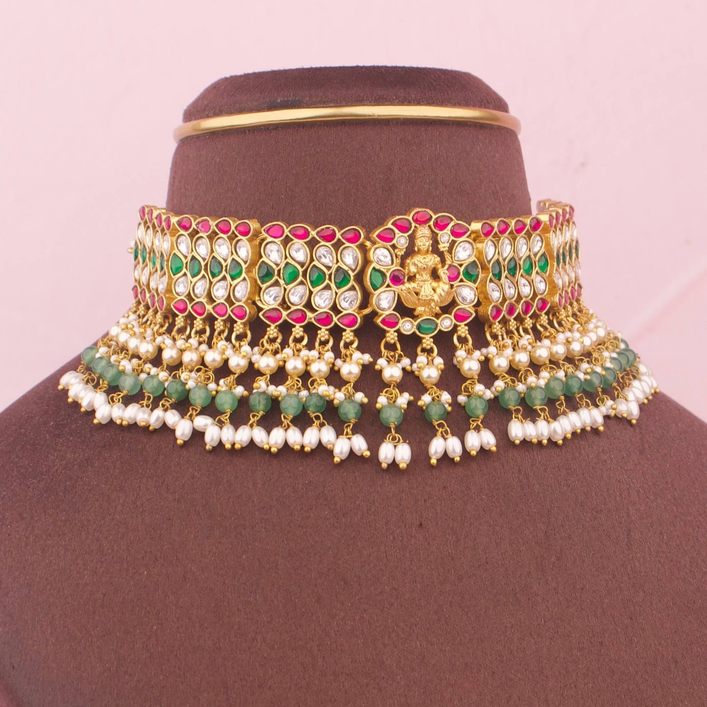Close-Up Detail View of Gold Finish Jadau Kundan Choker Lakshmi Devi Design With Green Beads Hangings | Dulhan Jewels