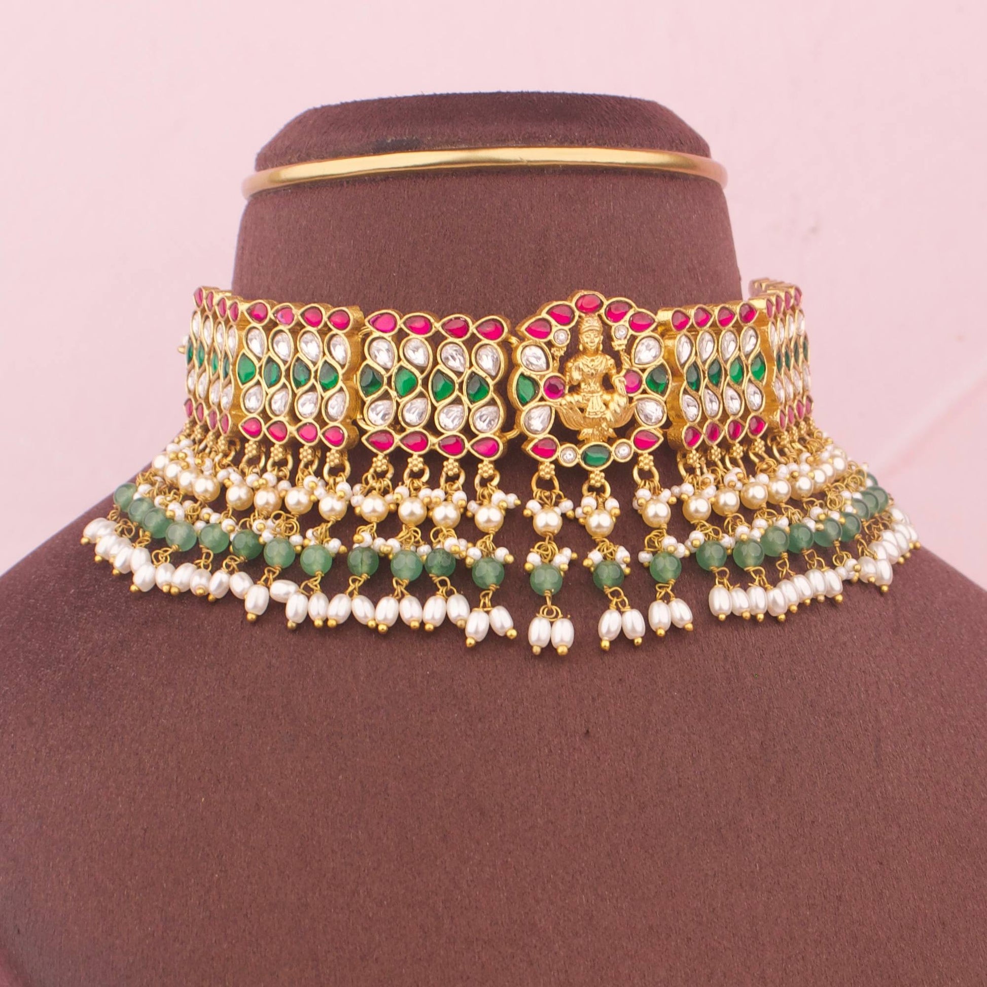 Close-Up Detail View of Gold Finish Jadau Kundan Choker Lakshmi Devi Design With Green Beads Hangings | Dulhan Jewels