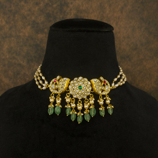Gold Plated Kundan Choker with Rice Pearls and Peacock Motif
