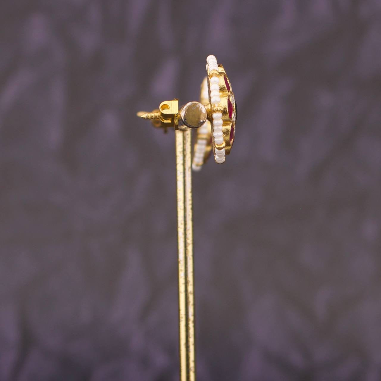 Glorious Jadau Kundan Stud Earrings With Pearl Bordering