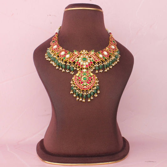 Elegant Floral Design Jadau Kundan Necklace With Pearl Hangings