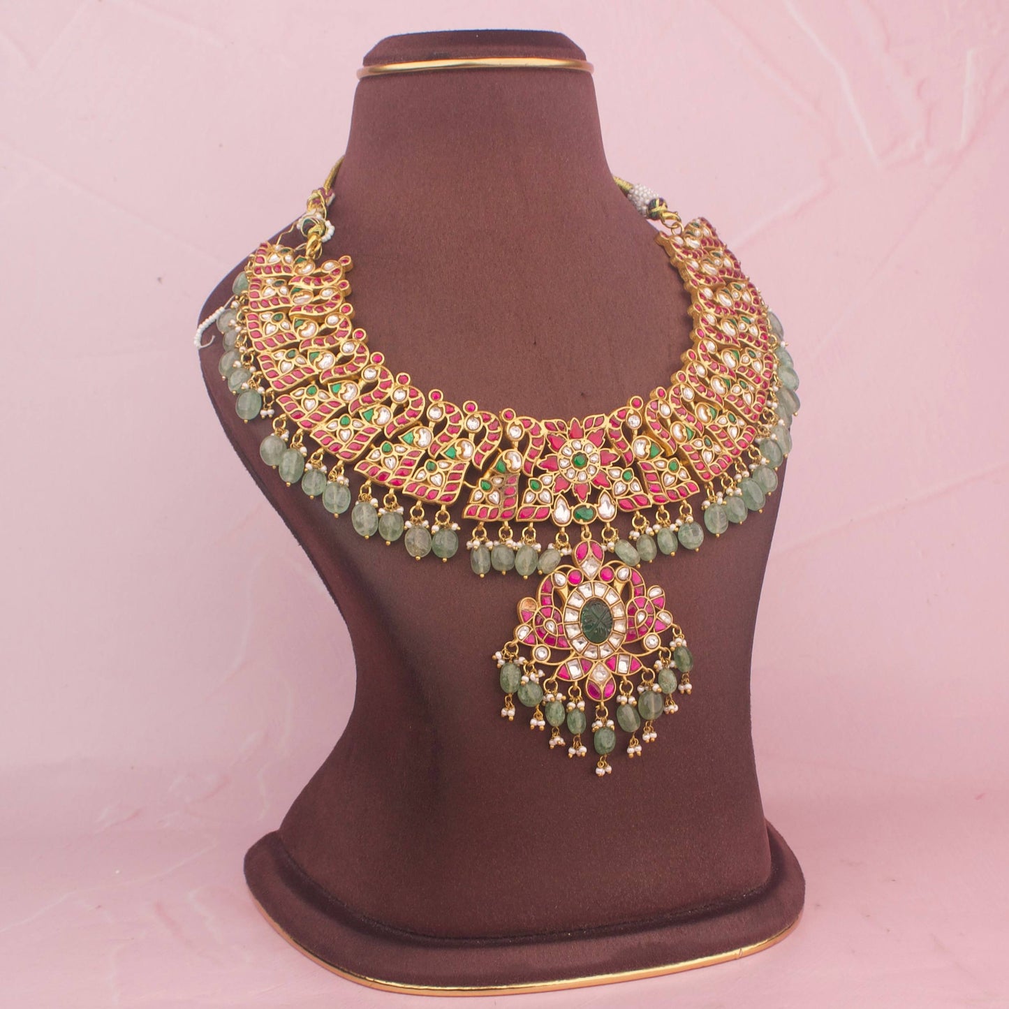Close-Up Detail View of Celestial Jadau Kundan Bridal Necklace With Bead Hangings | Dulhan Jewels