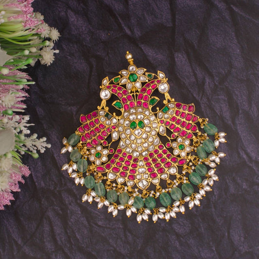 Grand Peacock Design Jadau Kundan Locket With Guttapusalu Hangings