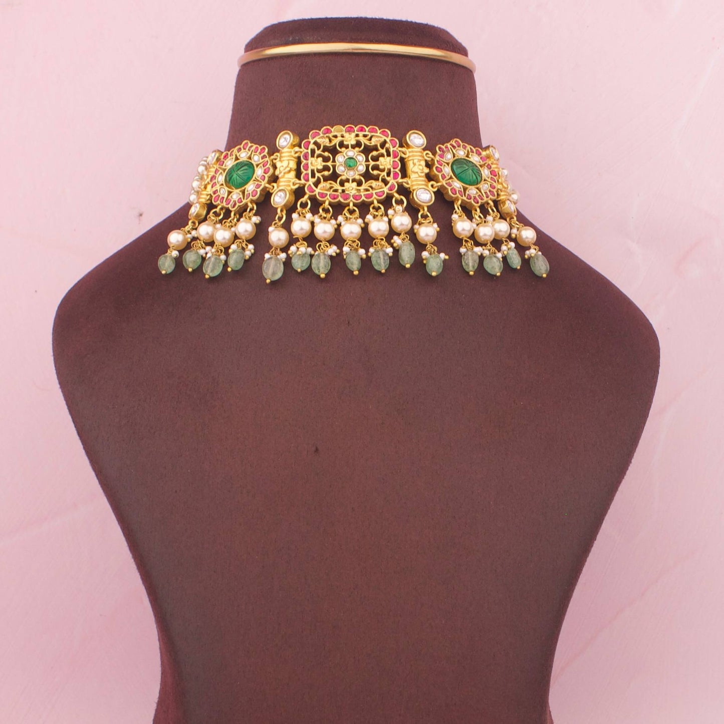 Premium Jadau Kundan Choker Necklace With Emerald Green Stones And Pearl Hangings