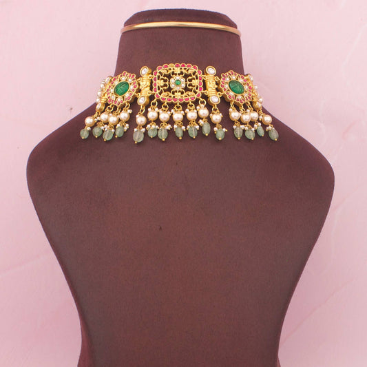 Premium Jadau Kundan Choker Necklace With Emerald Green Stones And Pearl Hangings